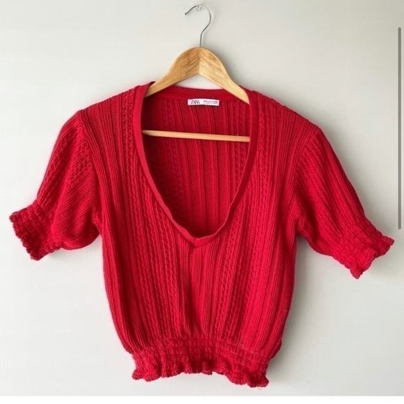 Zara Red Crotchet Crop Knit Top Small - Picture 1 of 5